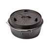 Heavy-duty cast iron Dutch oven with flat base, equipped with a lid featuring a handle and raised feet for stacking, ideal for outdoor cooking and kitchen use in cookware and cast iron collections.