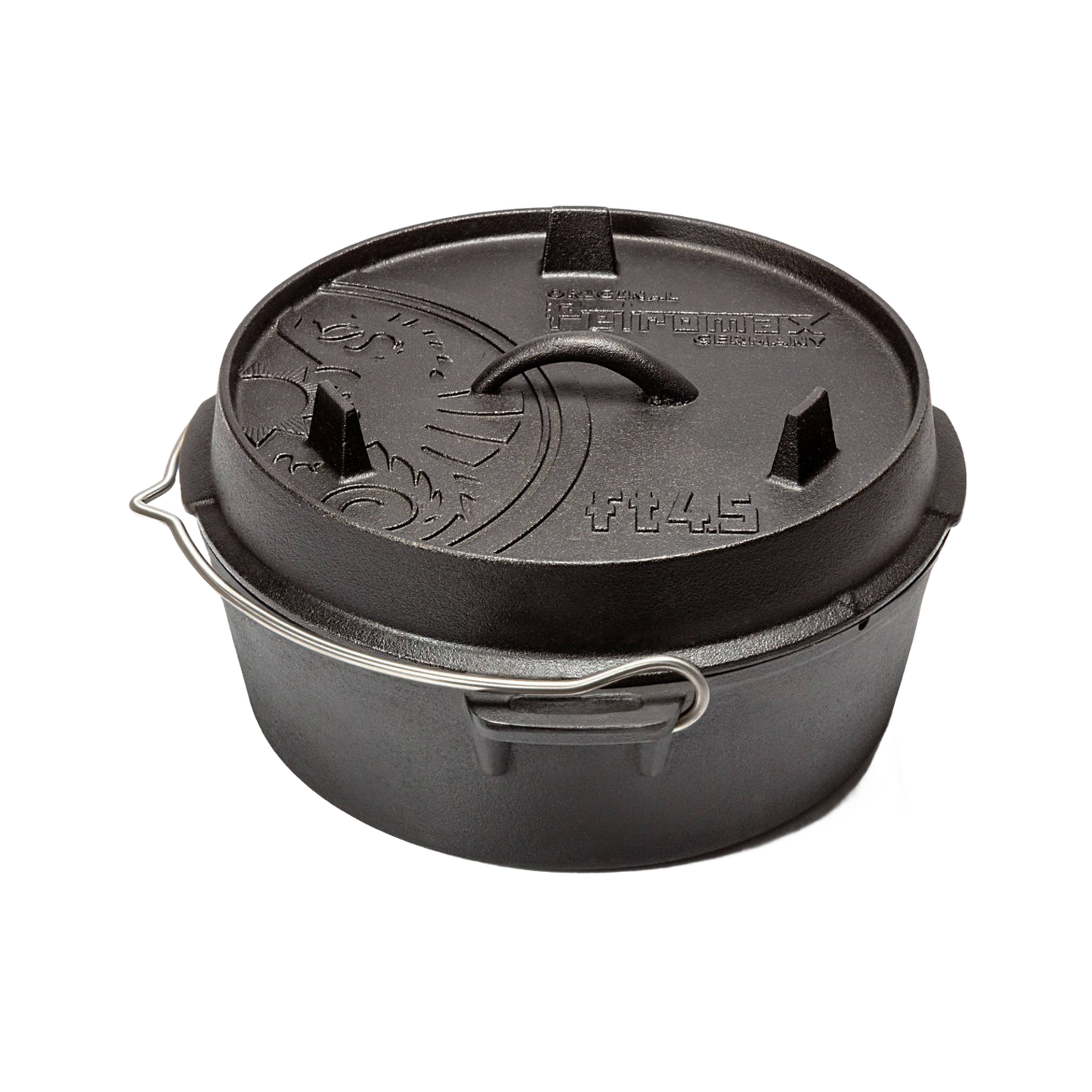 Heavy-duty cast iron Dutch oven with flat base, equipped with a lid featuring a handle and raised feet for stacking, ideal for outdoor cooking and kitchen use in cookware and cast iron collections.