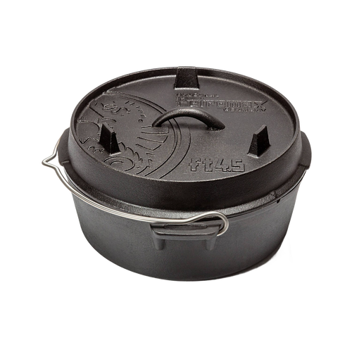 Heavy-duty cast iron Dutch oven with flat base, equipped with a lid featuring a handle and raised feet for stacking, ideal for outdoor cooking and kitchen use in cookware and cast iron collections.