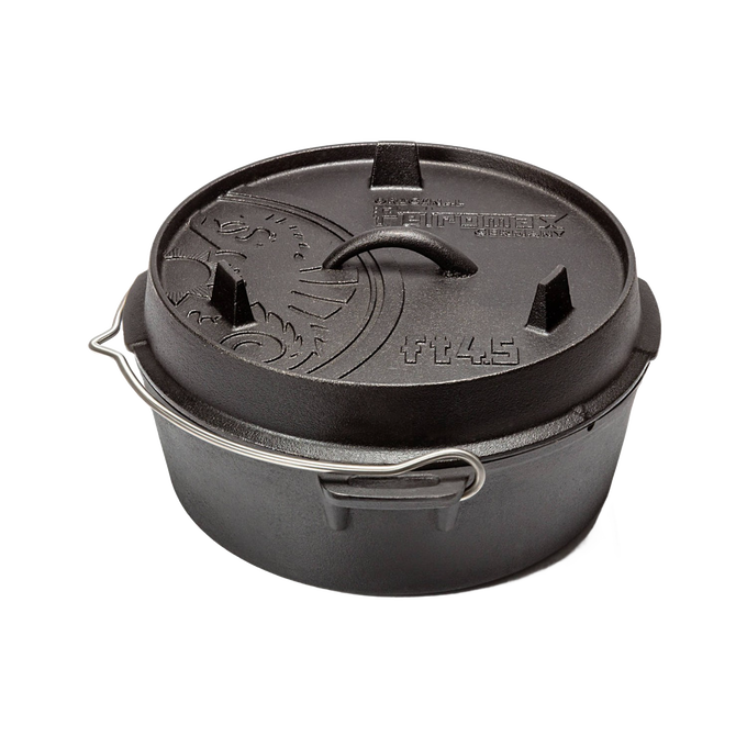 Heavy-duty cast iron Dutch oven with flat base, equipped with a lid featuring a handle and raised feet for stacking, ideal for outdoor cooking and kitchen use in cookware and cast iron collections.