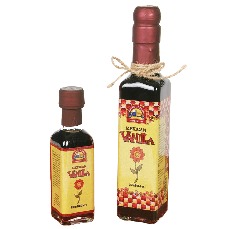 Two glass bottles of traditional Mexican vanilla with vintage-inspired yellow and red labels, perfect for Kitchen & Food, Pantry, and Best Sellers collections.