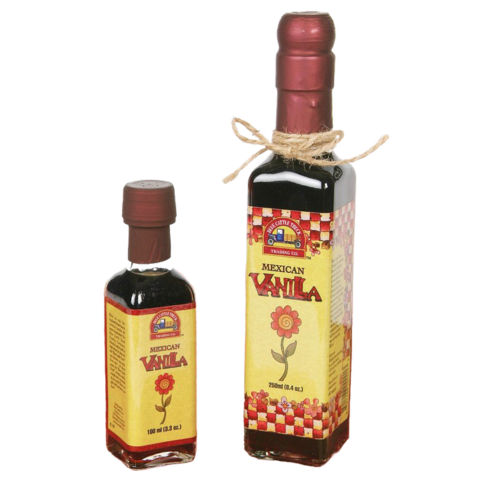 Two glass bottles of traditional Mexican vanilla with vintage-inspired yellow and red labels, perfect for Kitchen & Food, Pantry, and Best Sellers collections.
