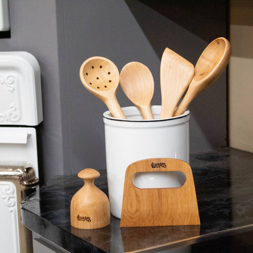 Set of handcrafted solid American Hard Maple wooden utensils including spoons, spatula, tamper, and dough cutter in a white crock, perfect for Kitchen & Food, Holiday Hosting, and USA Made collections.