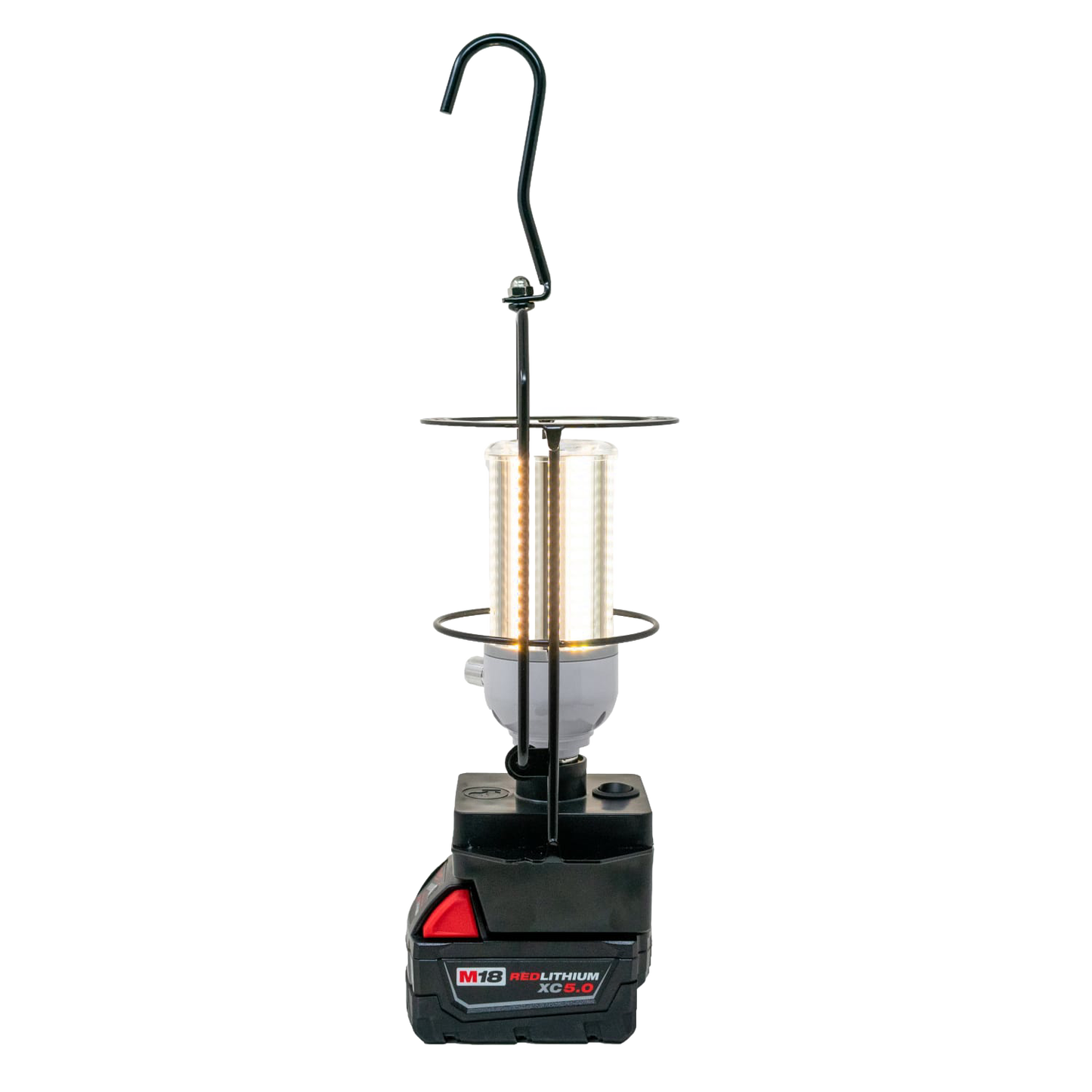 Portable hanging LED work light with integrated hook and rocker switch, compatible with Milwaukee or DeWalt batteries, featured in Lamps & Lighting, Battery, Solar, LED, Best Sellers, and Promo Eligible collections.