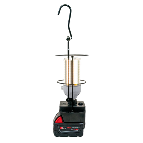 Portable hanging LED work light with integrated hook and rocker switch, compatible with Milwaukee or DeWalt batteries, featured in Lamps & Lighting, Battery, Solar, LED, Best Sellers, and Promo Eligible collections.