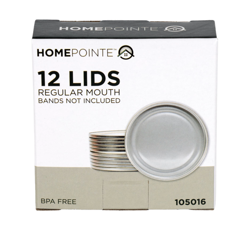 Box of twelve silver-toned regular-mouth canning lids with BPA-free sealing compound, ideal for Kitchen & Food, Food Preservation, Canning, and Best Sellers collections.