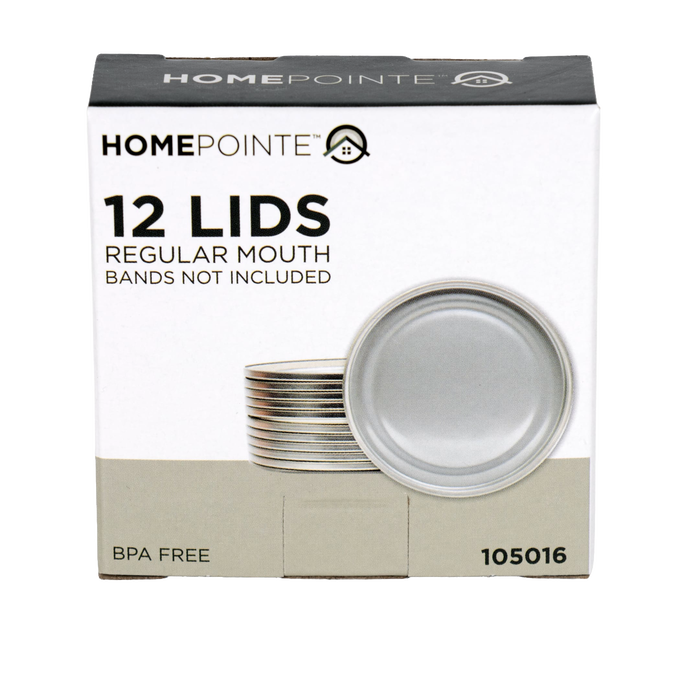 Box of twelve silver-toned regular-mouth canning lids with BPA-free sealing compound, ideal for Kitchen & Food, Food Preservation, Canning, and Best Sellers collections.