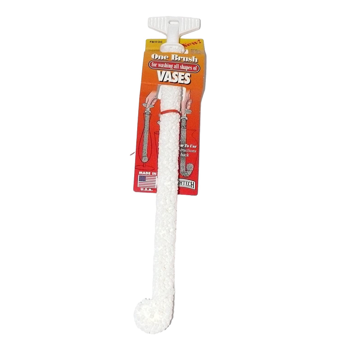 White flexible foam brush with textured handle designed for cleaning glass chimneys and vases, USA made, ideal for lamps and lighting accessories.