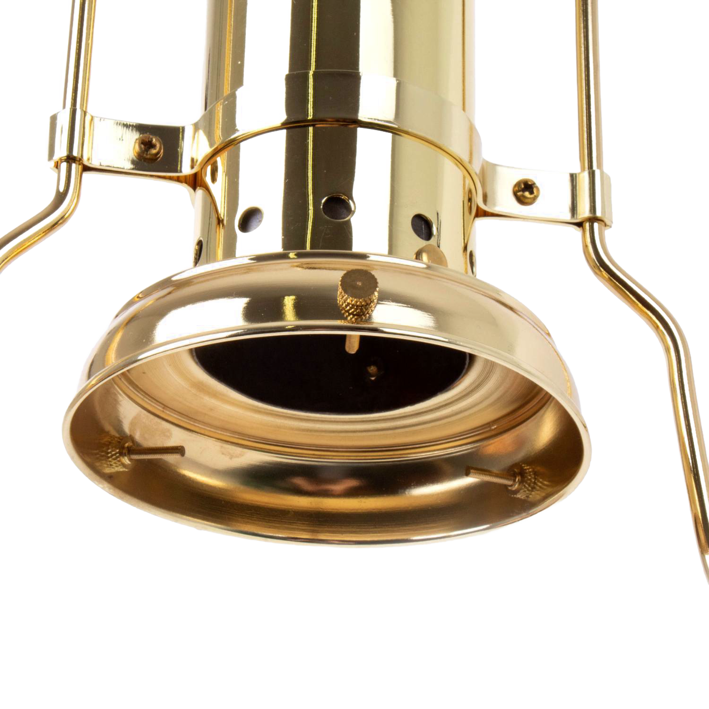 Close-up of a gleaming brass hanging lamp frame with sturdy construction and curved supports, designed for 12-inch shades, featured in Lamps & Lighting, Parts and Accessories, and Best Sellers collections.