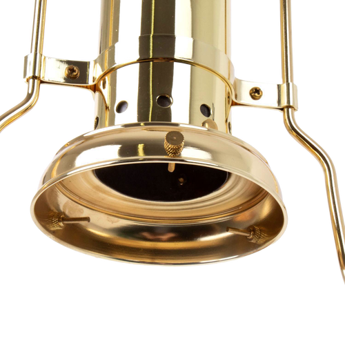 Close-up of a gleaming brass hanging lamp frame with sturdy construction and curved supports, designed for 12-inch shades, featured in Lamps & Lighting, Parts and Accessories, and Best Sellers collections.