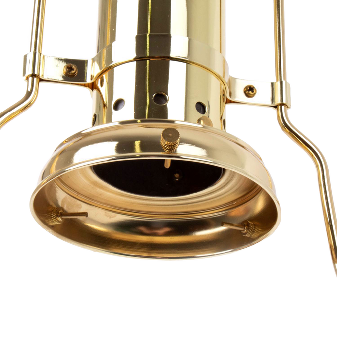 Close-up of a gleaming brass hanging lamp frame with sturdy construction and curved supports, designed for 12-inch shades, featured in Lamps & Lighting, Parts and Accessories, and Best Sellers collections.