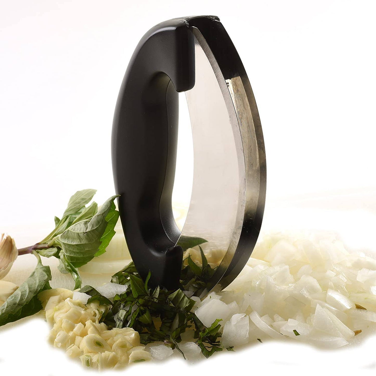 Heavy-duty mezzaluna chopper with ergonomic black handle and dual stainless steel blades, surrounded by chopped garlic, onions, and fresh herbs, featured in Kitchen & Food and Food Prep collections.