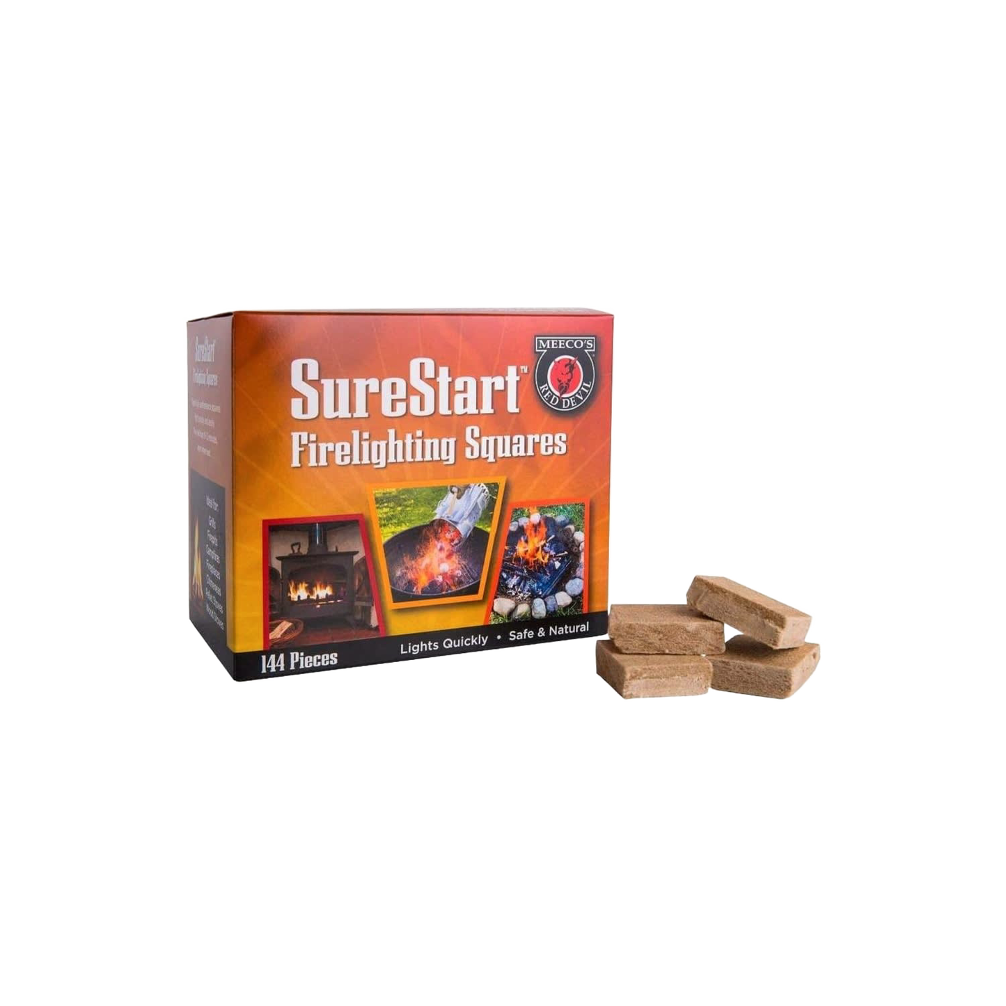 Box of SureStart firelighting squares displayed next to several brown firestarter cubes, ideal for Farm, Garden & Tool, Stoves, and Hearth Accessories collections.