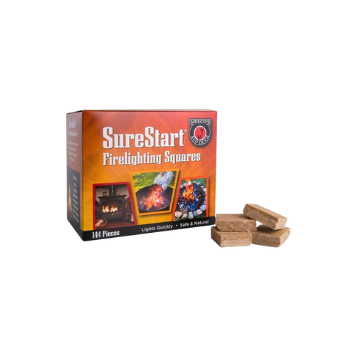 Box of SureStart firelighting squares displayed next to several brown firestarter cubes, ideal for Farm, Garden & Tool, Stoves, and Hearth Accessories collections.