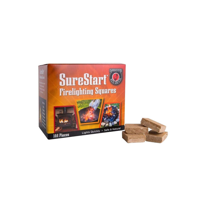 Box of SureStart firelighting squares displayed next to several brown firestarter cubes, ideal for Farm, Garden & Tool, Stoves, and Hearth Accessories collections.