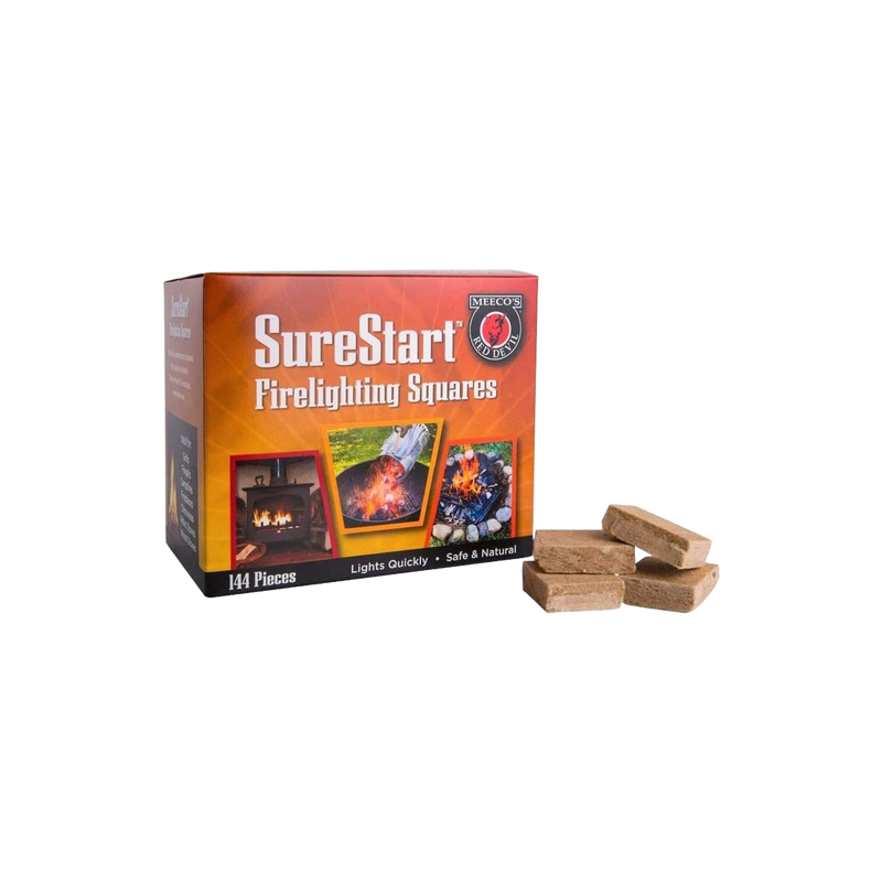 Box of SureStart firelighting squares displayed next to several brown firestarter cubes, ideal for Farm, Garden & Tool, Stoves, and Hearth Accessories collections.