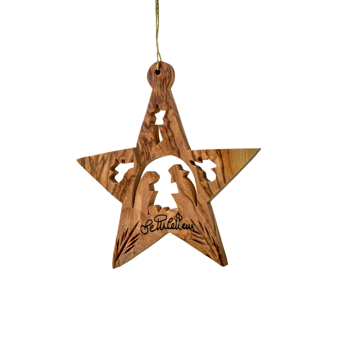Handcrafted olive wood star ornament featuring a carved nativity scene with angels, ideal for Holiday Decor, Home & Decor, Best Sellers, and Promo Eligible collections.