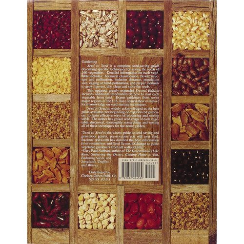 Back cover of a gardening book with text details surrounded by a wooden grid holding various dried seeds and grains, featured in Toys, Books & Games, Home and Garden How-To Books, and Best Sellers collections.