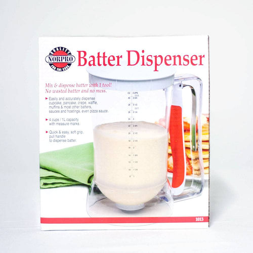 Clear batter dispenser with red soft grip handle and measurement markings up to 4 cups, designed for precise and easy pouring of cupcake, pancake, crepe, and waffle batters; featured in Kitchen & Food, Kitchen Gadgets, Cooking and Baking Helpers, Best Sellers, and Promo Eligible collections.