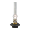 Handcrafted flat wick oil lamp with a bright flame, featuring a black base and clear glass chimney, ideal for farm, garden, emergency supplies, and table lighting collections.