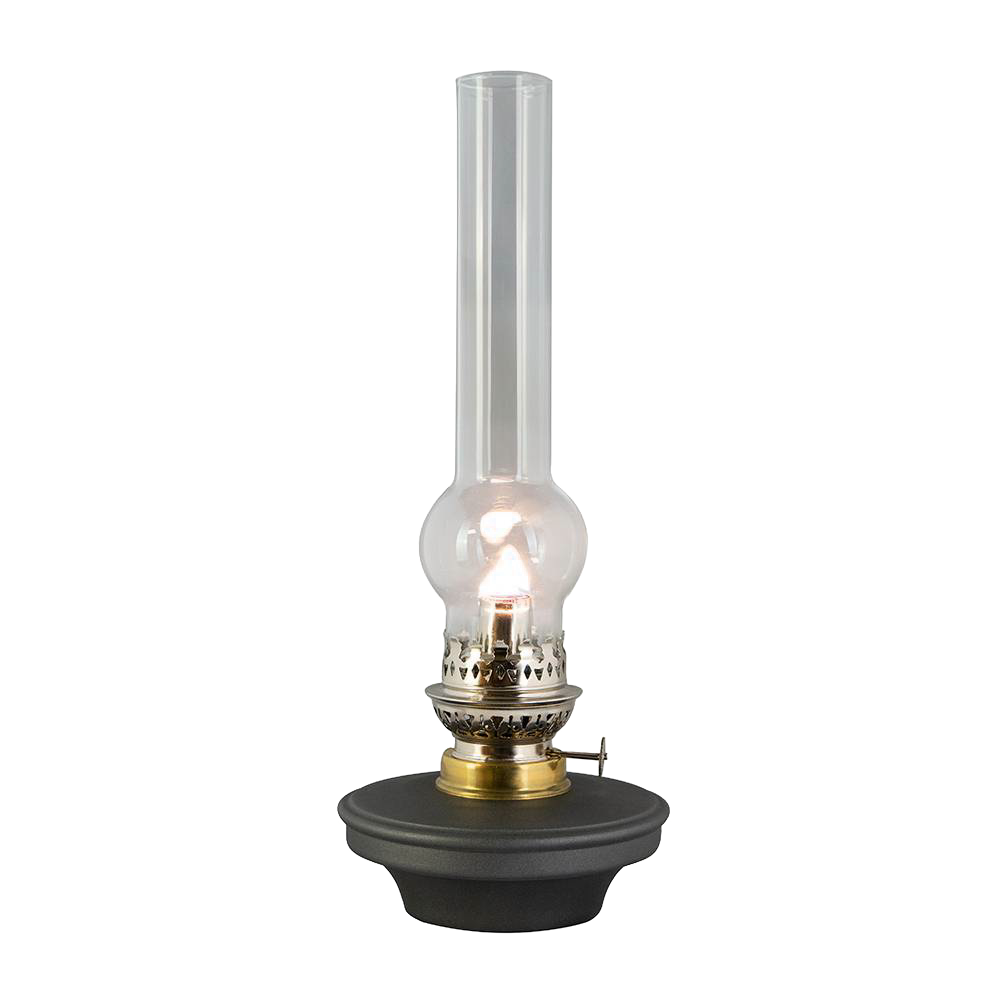 Handcrafted flat wick oil lamp with a bright flame, featuring a black base and clear glass chimney, ideal for farm, garden, emergency supplies, and table lighting collections.