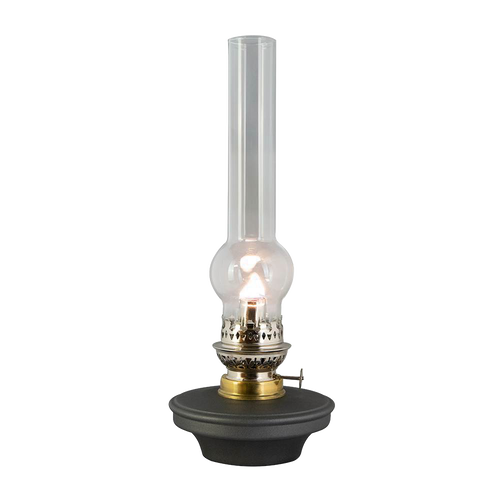 Handcrafted flat wick oil lamp with a bright flame, featuring a black base and clear glass chimney, ideal for farm, garden, emergency supplies, and table lighting collections.