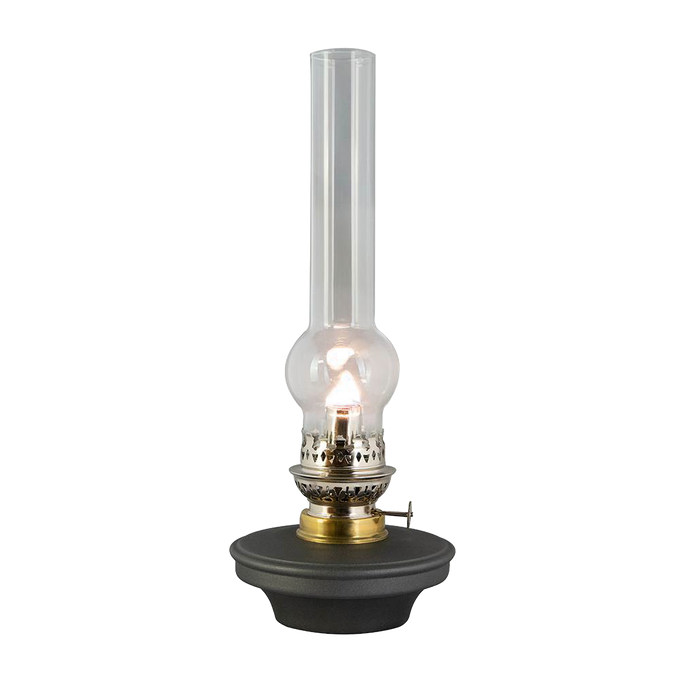 Handcrafted flat wick oil lamp with a bright flame, featuring a black base and clear glass chimney, ideal for farm, garden, emergency supplies, and table lighting collections.