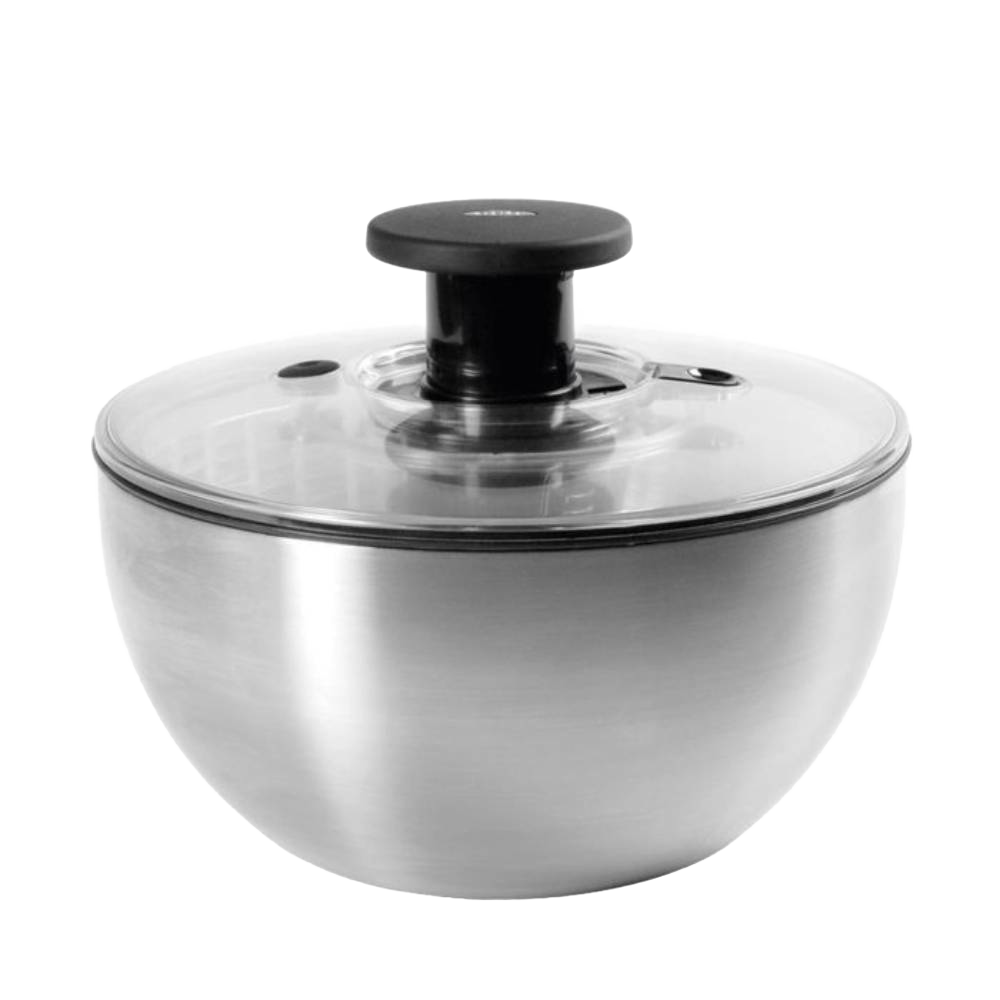 Brushed stainless steel salad spinner with clear locking lid and black push-button handle, designed to keep greens crisp and dry, suitable for Kitchen & Food, Kitchen Gadgets, and Best Sellers collections.