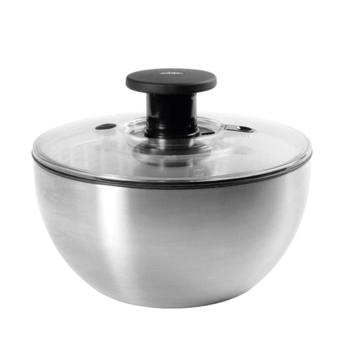 Brushed stainless steel salad spinner with clear locking lid and black push-button handle, designed to keep greens crisp and dry, suitable for Kitchen & Food, Kitchen Gadgets, and Best Sellers collections.