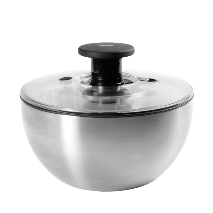 Brushed stainless steel salad spinner with clear locking lid and black push-button handle, designed to keep greens crisp and dry, suitable for Kitchen & Food, Kitchen Gadgets, and Best Sellers collections.
