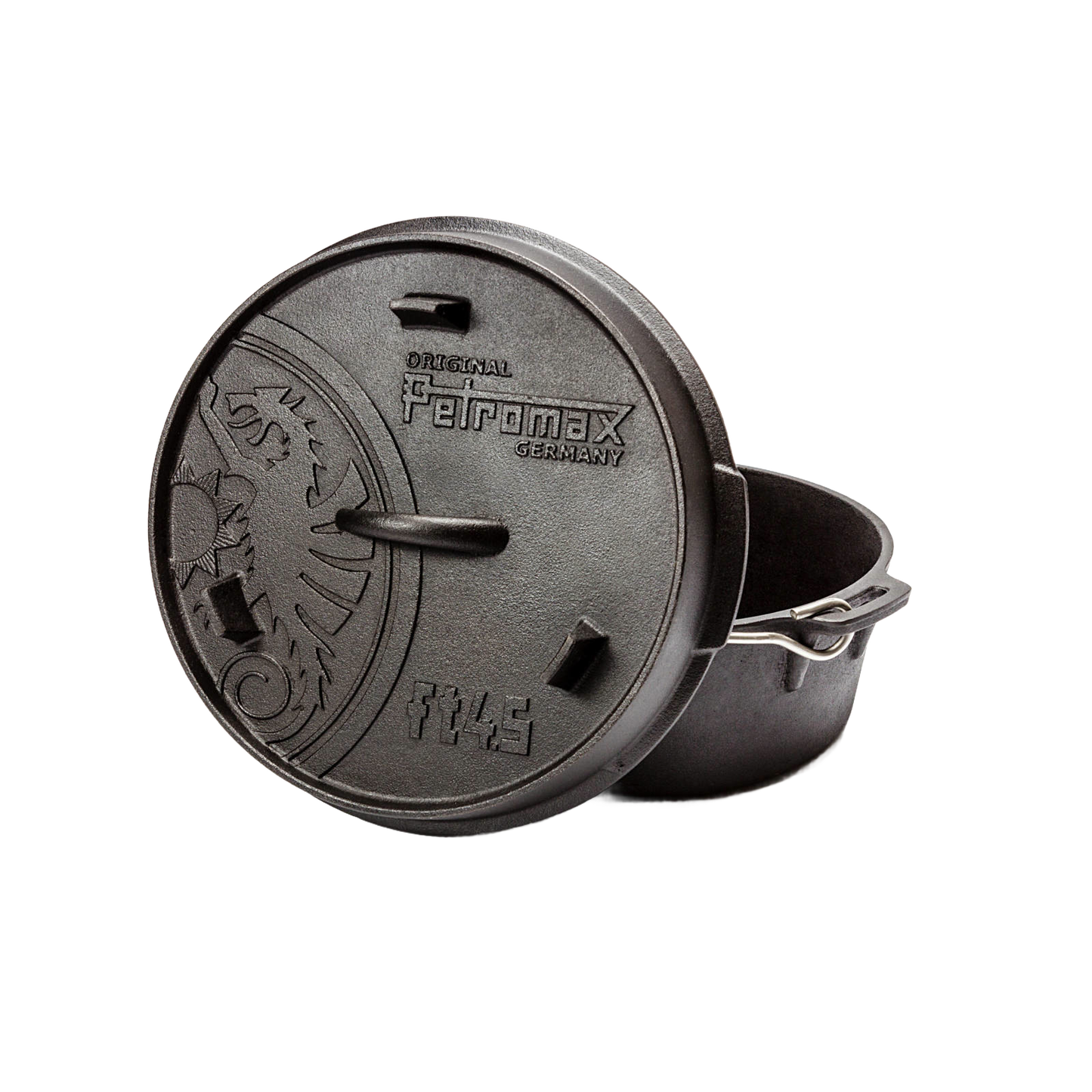 Handcrafted Petromax cast iron Dutch oven with flat base and embossed lid featuring a dragon emblem and metal bail handle, ideal for Kitchen & Food, Cookware, Cast Iron, Best Sellers, Promo Eligible collections.