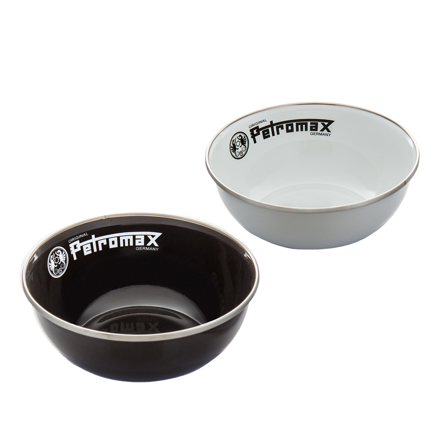 Pair of robust enamel bowls in black and white with Petromax branding, lightweight and heat-resistant, designed for Farm, Garden & Tool, Kitchen & Food, Camping, Dinnerware, Best Sellers, and Promo Eligible collections.