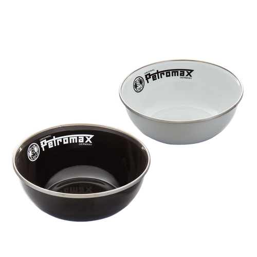 Pair of robust enamel bowls in black and white with Petromax branding, lightweight and heat-resistant, designed for Farm, Garden & Tool, Kitchen & Food, Camping, Dinnerware, Best Sellers, and Promo Eligible collections.