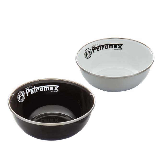 Pair of robust enamel bowls in black and white with Petromax branding, lightweight and heat-resistant, designed for Farm, Garden & Tool, Kitchen & Food, Camping, Dinnerware, Best Sellers, and Promo Eligible collections.