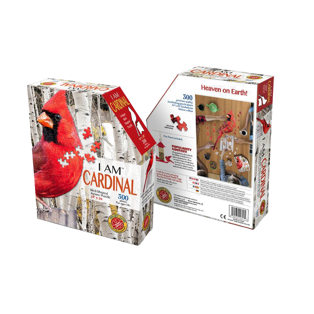 Boxed 300-piece bird-shaped puzzle featuring a cardinal with educational facts, designed for children and families within Toys, Books & Games and Puzzles collections.