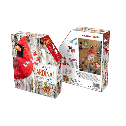 Boxed 300-piece bird-shaped puzzle featuring a cardinal with educational facts, designed for children and families within Toys, Books & Games and Puzzles collections.