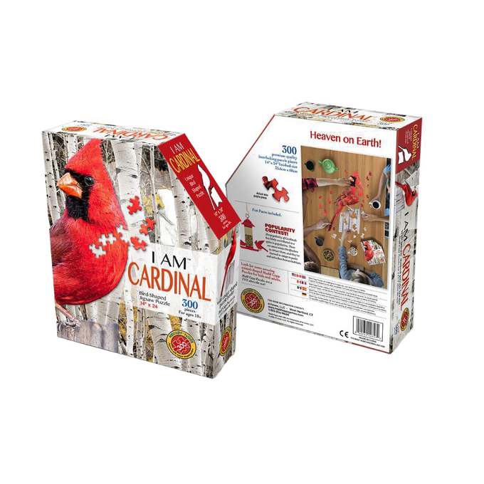 Boxed 300-piece bird-shaped puzzle featuring a cardinal with educational facts, designed for children and families within Toys, Books & Games and Puzzles collections.