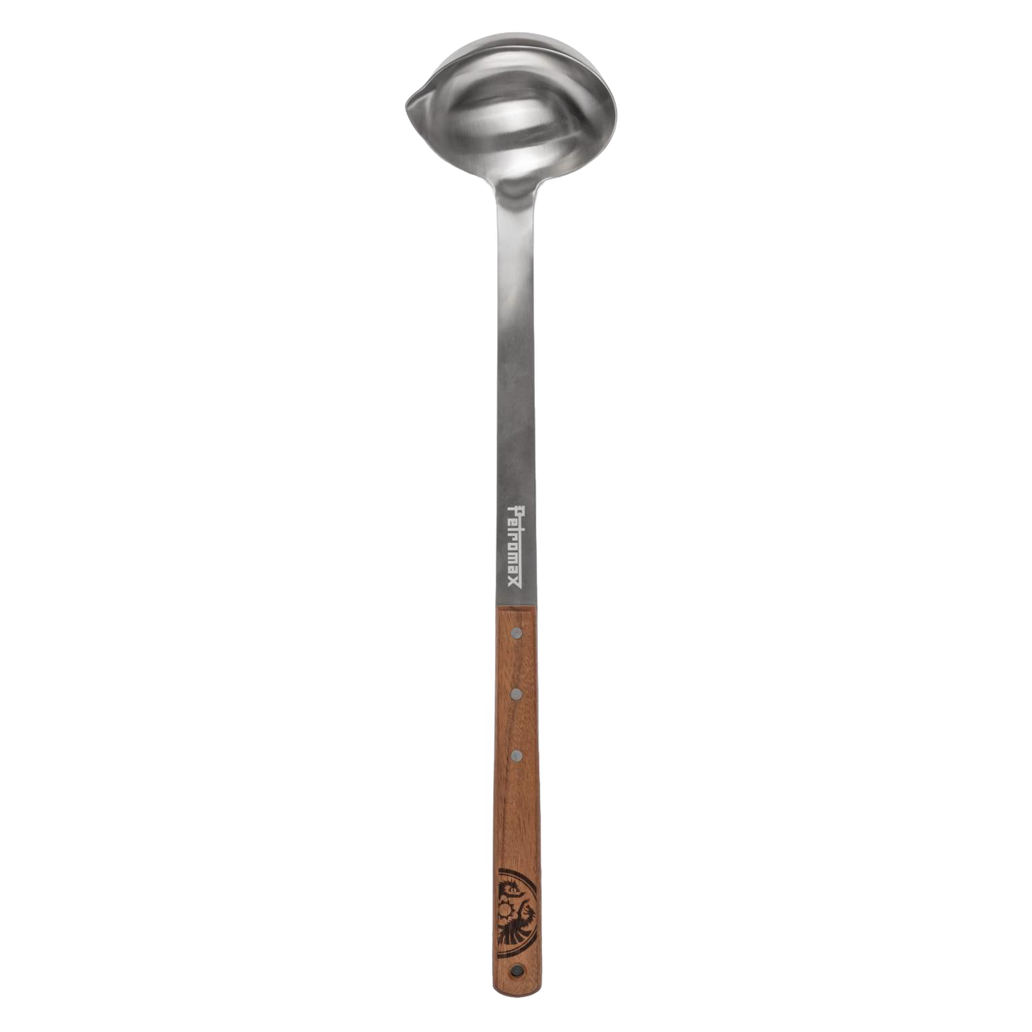 Large stainless steel soup ladle with a wooden handle featuring an engraved logo, handcrafted for generous servings in Farm, Garden & Tool, Kitchen & Food, and Camping collections.