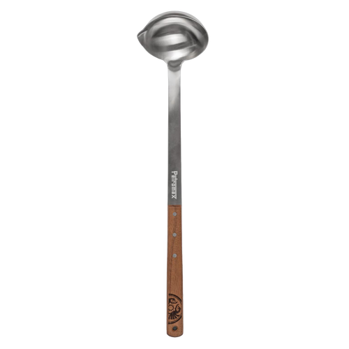 Large stainless steel soup ladle with a wooden handle featuring an engraved logo, handcrafted for generous servings in Farm, Garden & Tool, Kitchen & Food, and Camping collections.