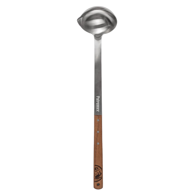 Large stainless steel soup ladle with a wooden handle featuring an engraved logo, handcrafted for generous servings in Farm, Garden & Tool, Kitchen & Food, and Camping collections.