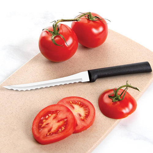 Handcrafted tomato slicer with hand-sharpened high carbon surgical stainless steel serrated blade and comfortable black handle, made in USA for precise food prep in kitchen knives and Farm, Garden & Tool collections.