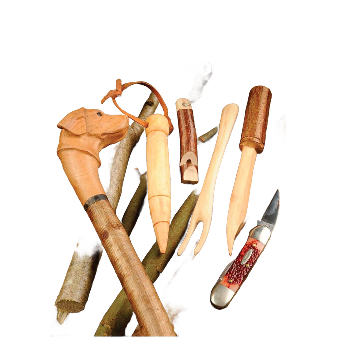 Collection of handcrafted wooden whittling tools including a dog-head carved knife handle, wood-carved poker, fork, whistle, and folding knife, featured in Toys, Books & Games and Home and Garden How-To Books collections.