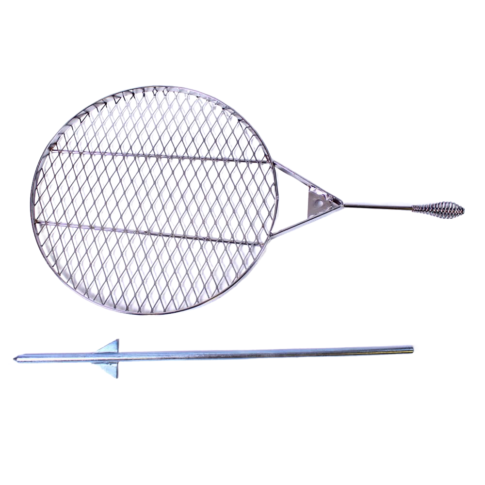 Handcrafted steel swinging grill attachment with a round cooking grate and an extended handle, designed for use with outdoor fire pits in Farm, Garden & Tool and Grilling collections.
