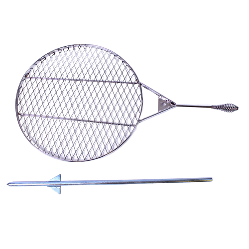 Handcrafted steel swinging grill attachment with a round cooking grate and an extended handle, designed for use with outdoor fire pits in Farm, Garden & Tool and Grilling collections.