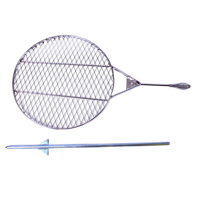 Handcrafted steel swinging grill attachment with a round cooking grate and an extended handle, designed for use with outdoor fire pits in Farm, Garden & Tool and Grilling collections.