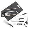 Handcrafted 10-piece game processing knife set featuring stainless steel blades including a butcher saw, knives with black handles, sharpening steel, and scissors on a black carrying case, ideal for specialty equipment and butchering supplies collections.