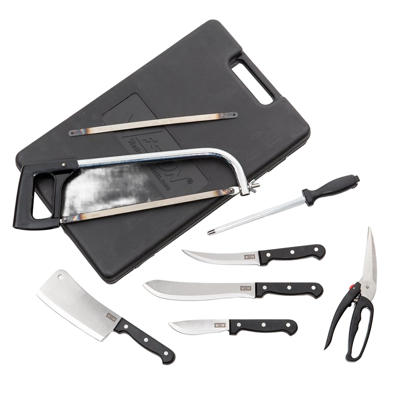 Handcrafted 10-piece game processing knife set featuring stainless steel blades including a butcher saw, knives with black handles, sharpening steel, and scissors on a black carrying case, ideal for specialty equipment and butchering supplies collections.