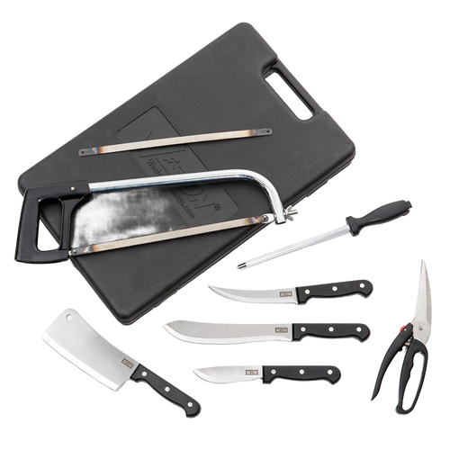 Handcrafted 10-piece game processing knife set featuring stainless steel blades including a butcher saw, knives with black handles, sharpening steel, and scissors on a black carrying case, ideal for specialty equipment and butchering supplies collections.