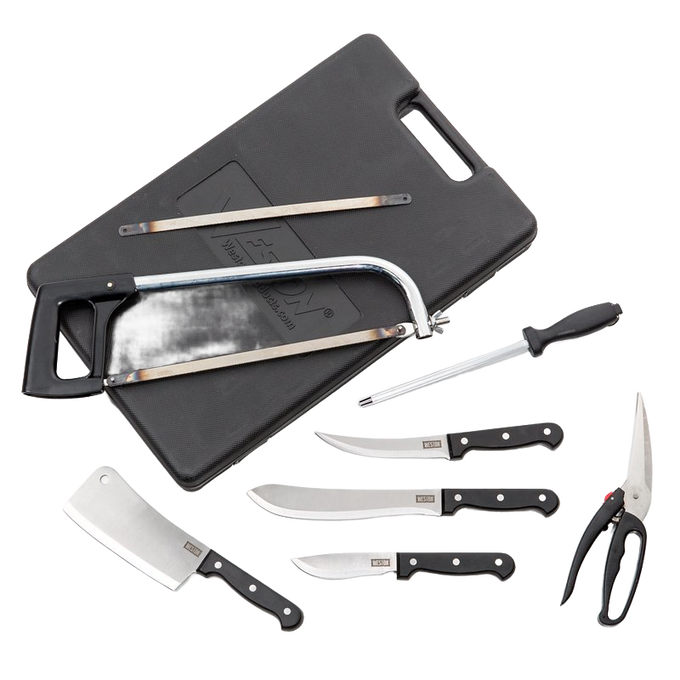 Handcrafted 10-piece game processing knife set featuring stainless steel blades including a butcher saw, knives with black handles, sharpening steel, and scissors on a black carrying case, ideal for specialty equipment and butchering supplies collections.