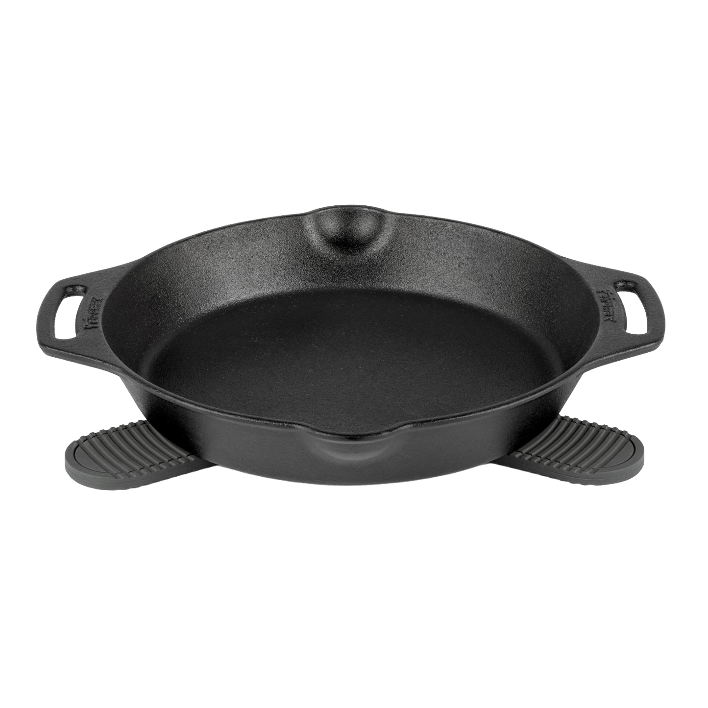 Cast iron skillet resting on a pair of black silicone trivets with textured grips, designed for safe handling of hot cookware in kitchen, camping, and cookware collections.
